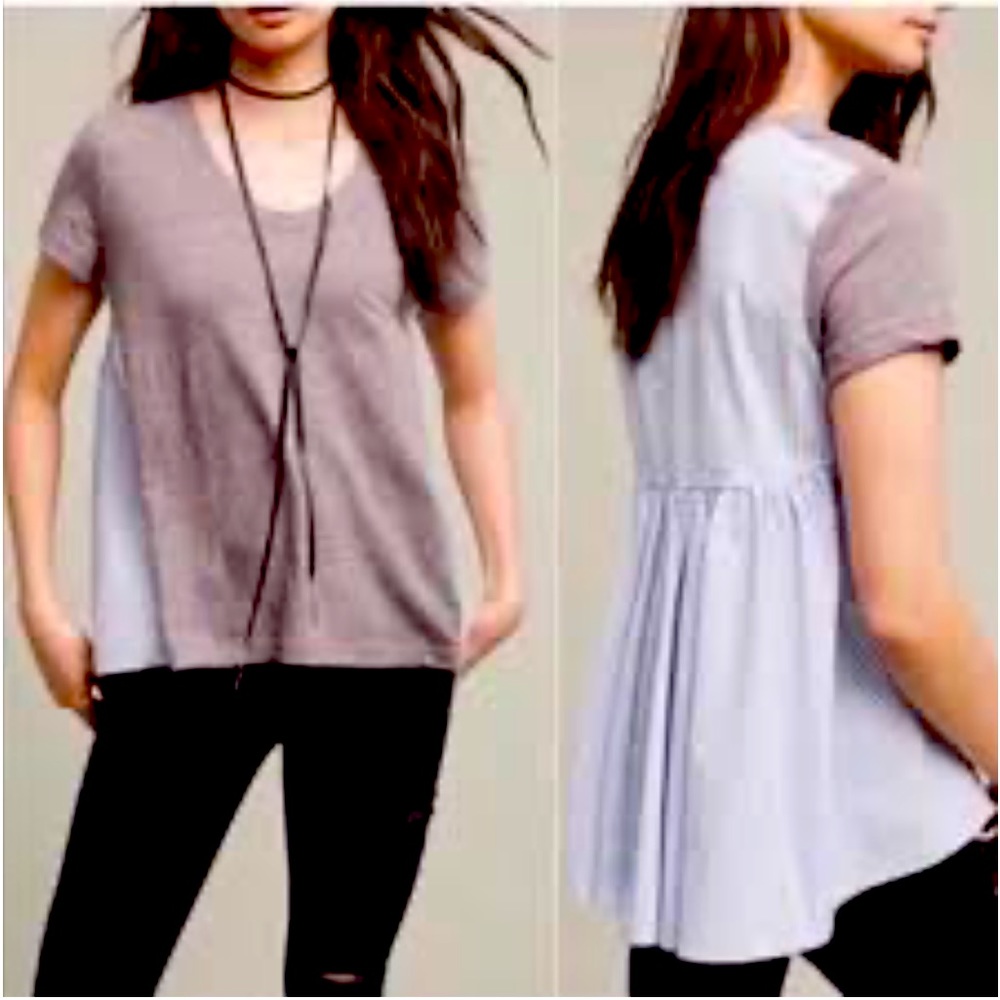 Anthropology Deletta Gray Tee with Blue/White Stripes Size Large